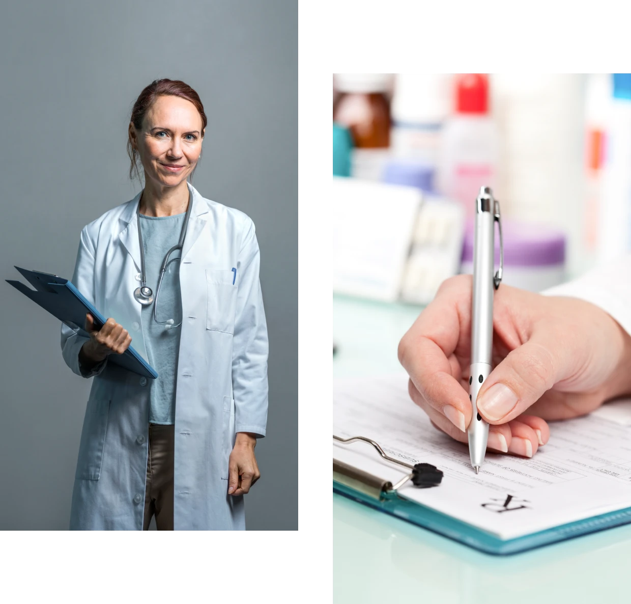 Doctor holding clipboard and writing prescription
